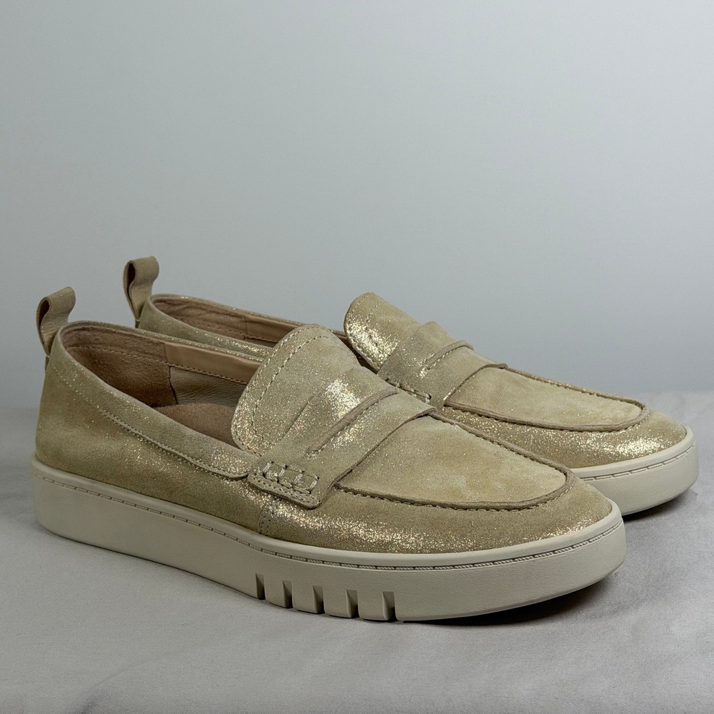 Vionic Chantel Gold Metallic Suede Platform Penny Loafers Women Size 8.5